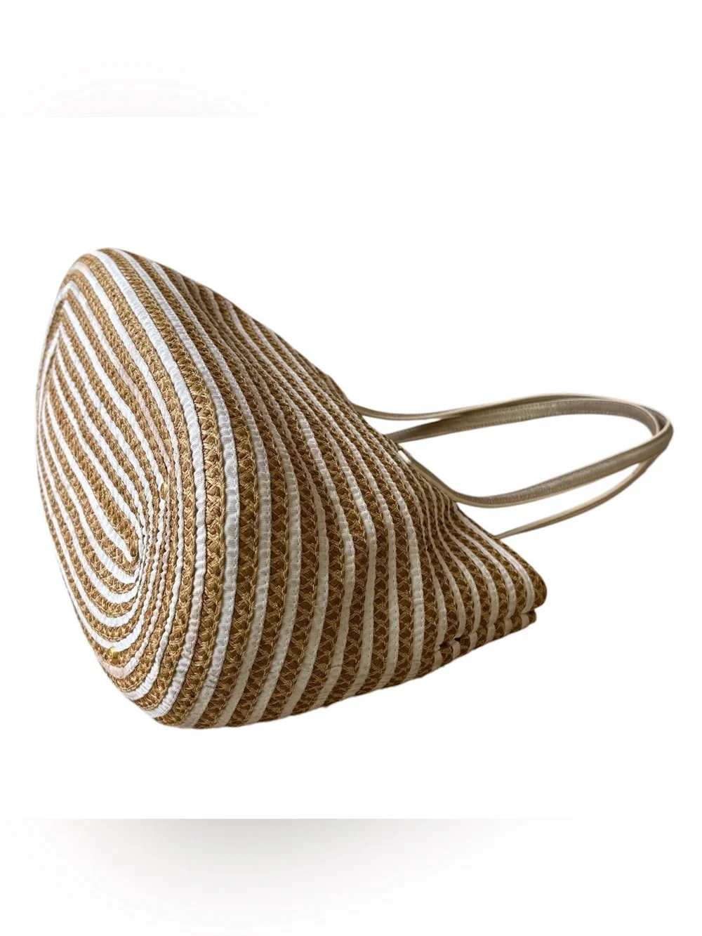 ERIC JAVITS Isla “Squishee” Straw & White Grosgrain Tote w/ Gold Leather Straps